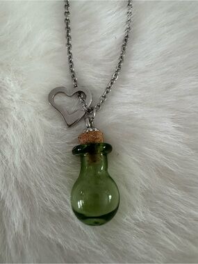 Green Glass Vial Pendant Necklace with Heart Charm